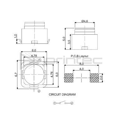 Безшумна 2PIN тактова кнопка 6*6*5мм SMD 2 контакти, TS-051A