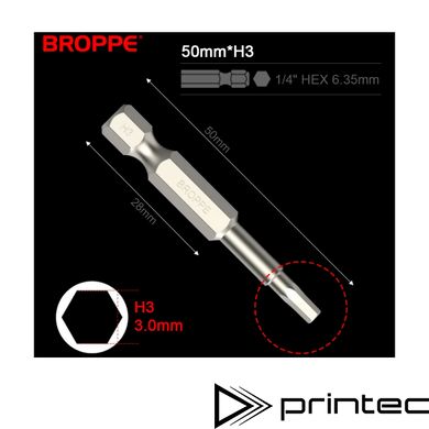 Біта H3 BROPPE L=50мм посилена шестигранна 1/4" HEX