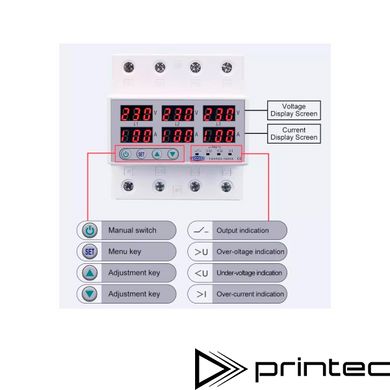 Реле напруги TOMZN TOVPD3-63VAS 63A 220V Трифазне мультифункціональне з моніторингом струму і потужності та захистом від перенапруги