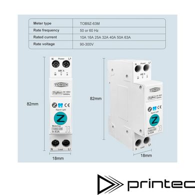 ZigBee автоматический выключатель TOMZN TOB9Z-63M 10А 1P+N DIN с мониторингом тока, мощности и защитой от перенапряжения