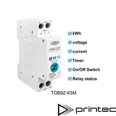 ZigBee автоматичний вимикач TOMZN TOB9Z-63M 10А 1P+N DIN з моніторингом струму і потужності та захистом від перенапруги