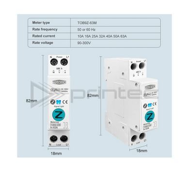 ZigBee автоматический выключатель TOMZN TOB9Z-63M 16А 1P+N DIN с мониторингом тока, мощности и защитой от перенапряжения
