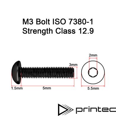 Болт М3 5мм з напівкруглою головкою та внутрішнім шестигранником, клас міцності 12.9, стандарт ISO 7380-1, M3*5 12.9 Bolt