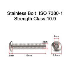 Оцинкований болт М3 16мм з напівкруглою головкою та внутрішнім шестигранником, клас міцності 10.9, стандарт ISO 7380-1, M3*16 10.9 Bolt