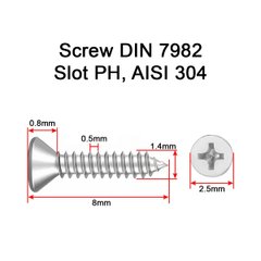 Нержавіючий саморіз М1.4 8мм із потайною головкою і шліцем PH, шуруп M1.4x8 DIN 7982 AISI 304 Screw