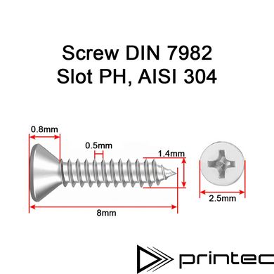 Нержавіючий саморіз М1.4 8мм із потайною головкою і шліцем PH, шуруп M1.4x8 DIN 7982 AISI 304 Screw