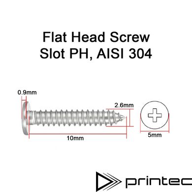 Нержавіючий саморіз М2.6 10мм із плоскою головкою і шліцем PH, шуруп M2.6x10 AISI 304 Screw