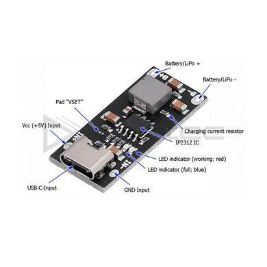 Модуль зарядки IP2312 на 4.2В для літій-іонного 1S акумулятора, швидка зарядка 3A, 5В