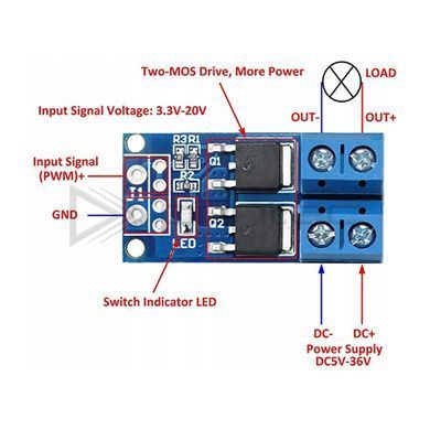 Модуль переключателя MOSFET двойной, силовой ключ 15А 400Вт, 5-36V, PWM