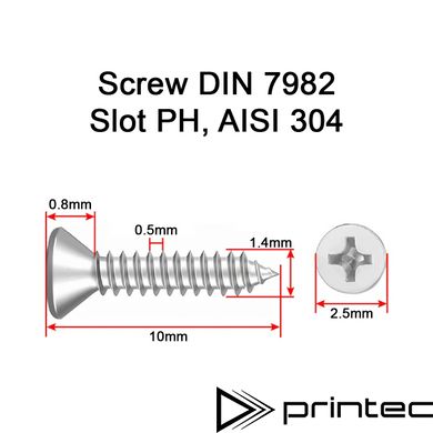 Нержавіючий саморіз М1.4 10мм із потайною головкою і шліцем PH, шуруп M1.4x10 DIN 7982 AISI 304 Screw