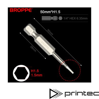 Біта H1.5 BROPPE L=50мм посилена шестигранна 1/4" HEX