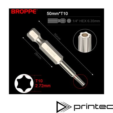 Бита T10 TORX BROPPE L=50мм усиленная 1/4" HEX