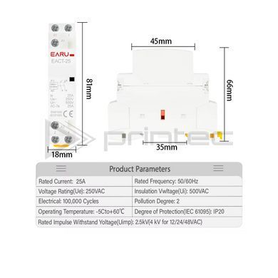 Модульний контактор 25А 2НО EARU EACT-25 2NO 220В