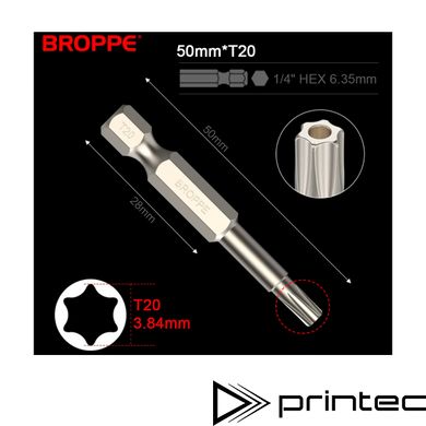 Біта T20 TORX BROPPE L=50мм посилена 1/4" HEX