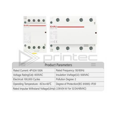 Модульный контактор 100А 4НО EARU EACT-100 3P+N 4NO 220В