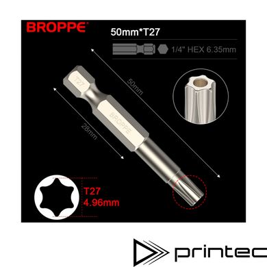 Біта T27 TORX BROPPE L=50мм посилена 1/4" HEX