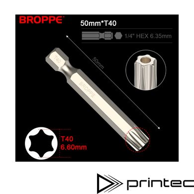 Біта T40 TORX BROPPE L=50мм посилена 1/4" HEX