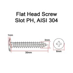 Нержавіючий саморіз М3 30мм із плоскою головкою і шліцем PH, шуруп M3x30 AISI 304 Screw