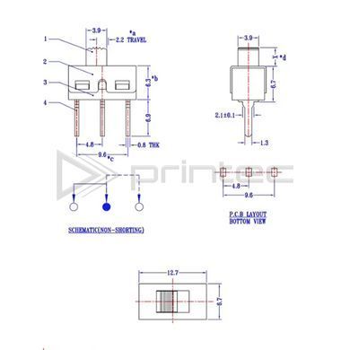Переключатель SS12D10 3 прямых контакта, тумблер, 2 позиции 5мм