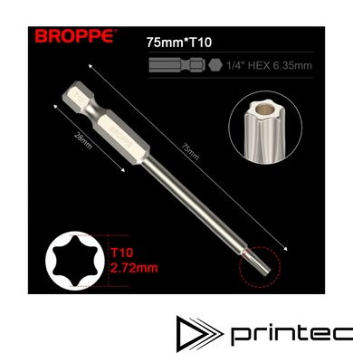 Біта T10 TORX BROPPE L=75мм посилена 1/4" HEX