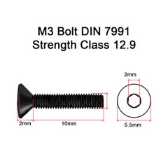 Болт М3 12мм з потайною головкою та внутрішнім шестигранником, клас міцності 12.9, стандарт DIN 7991, M3*12 12.9 Bolt