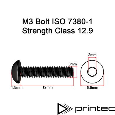Болт М3 12мм з напівкруглою головкою та внутрішнім шестигранником, клас міцності 12.9, стандарт ISO 7380-1, M3*12 12.9 Bolt
