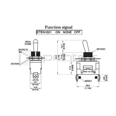 Перемикач E-TEN 1021 тумблер, 2 контакти, 2 позиції, On-Off, 15A, 250VAC